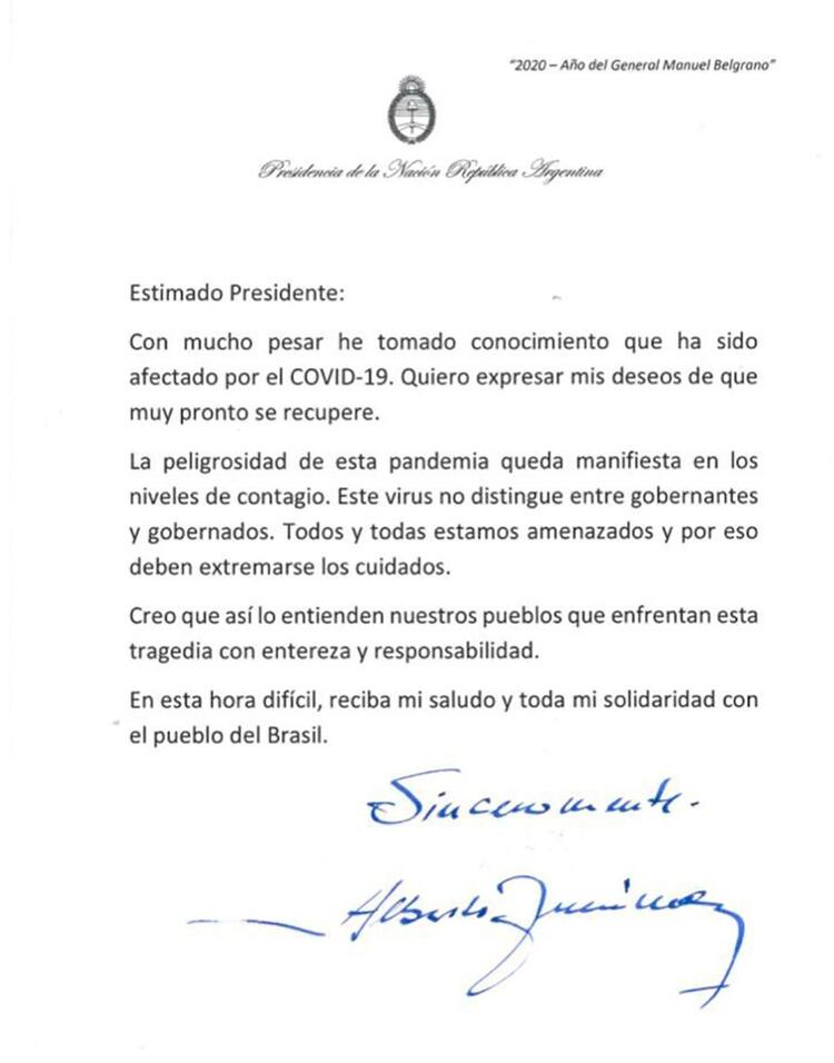 La carta de Alberto Fernández a Jair Bolsonaro: “Quiero expresar mis deseos de que muy pronto se recupere" 