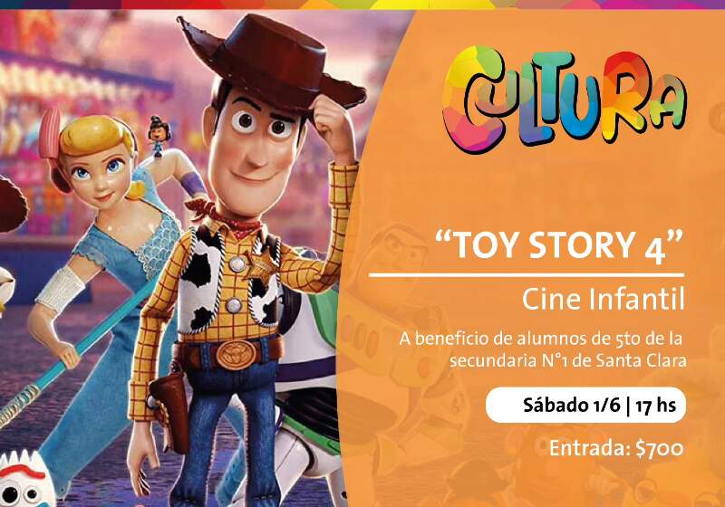 Será este sábado con la proyección de Toy Story 4. Lo recaudado será para los alumnos de 5to de la secundaria N°1 de la ciudad.