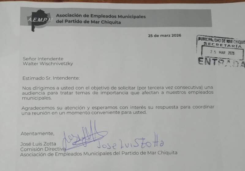 La AEMPM presentó una nueva nota y reiteró que necesita tratar salarios, condiciones laborales y materiales de trabajo de los empleados de la comuna de Mar Chiquita.